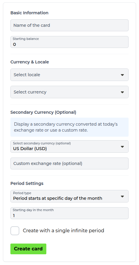 Screenshot: Create Card Form