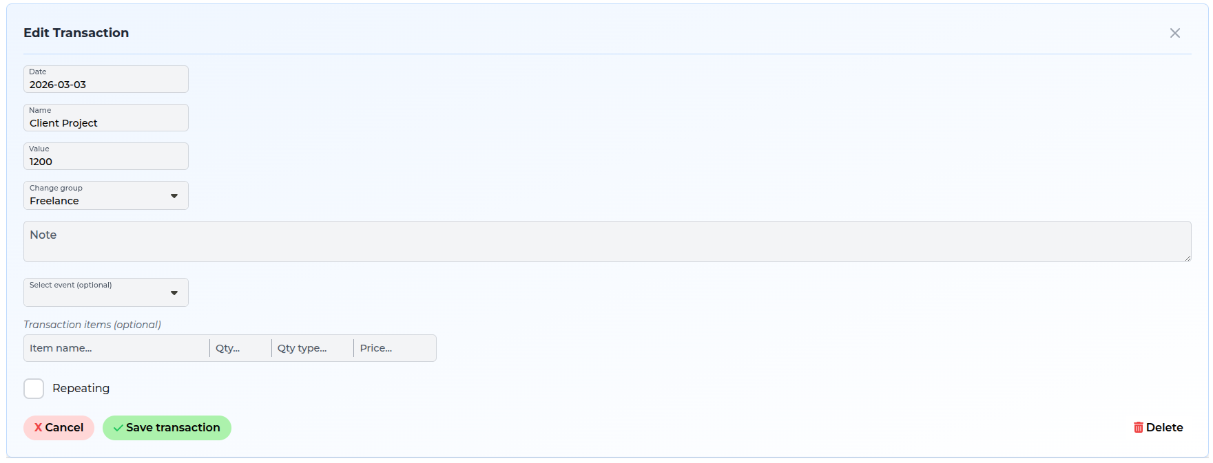 Screenshot: Edit transaction form