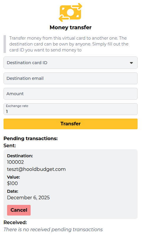 Screenshot: Transfer money
