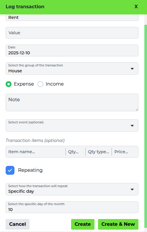 Screenshot: Repeat transaction