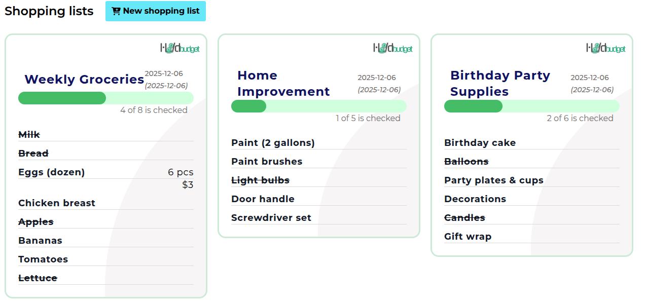 Screenshot: Shopping lists