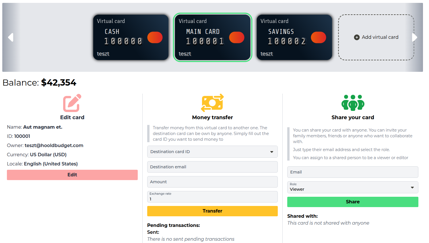 Screenshot: Virtual card overview